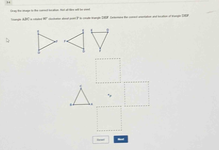 drag the image to the correct location. not all tiles will be used. triangle abc is rotated 90° clockwise about point p to create triangle def. determine the correct orientation and location of triangle def.