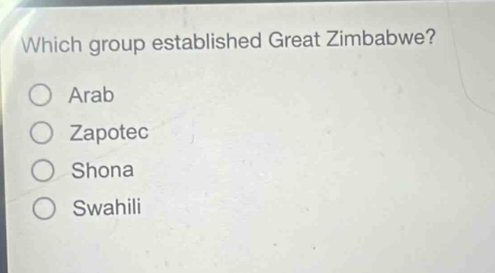 which group established great zimbabwe?\no arab\no zapotec\no shona\no swahili
