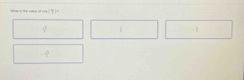 what is the value of cos (π/3)? √3/2 1/2 -1/2 -√3/2