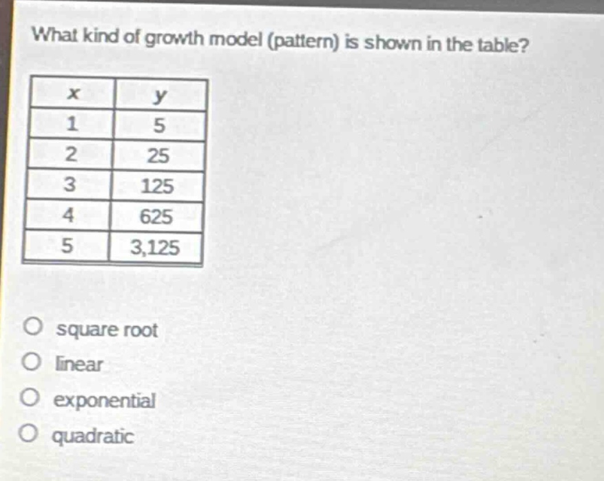 what kind of growth model (pattern) is shown in the table?\n| x | y |\n| 1 | 5 |\n| 2 | 25 |\n| 3 | 125 |\n| 4 | 625 |\n| 5 | 3,125 |\no square root\no linear\no exponential\no quadratic