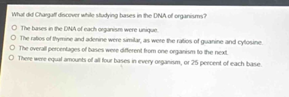 what did chargaff discover while studying bases in the dna of organisms?\nthe bases in the dna of each organism were unique.\nthe ratios of thymine and adenine were similar, as were the ratios of guanine and cytosine.\nthe overall percentages of bases were different from one organism to the next.\nthere were equal amounts of all four bases in every organism, or 25 percent of each base.