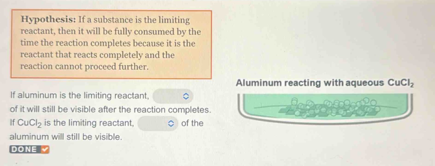 hypothesis: if a substance is the limiting reactant, then it will be fully consumed by the time the reaction completes because it is the reactant that reacts completely and the reaction cannot proceed further. if aluminum is the limiting reactant, of it will still be visible after the reaction completes. if cucl2 is the limiting reactant, of the aluminum will still be visible. done