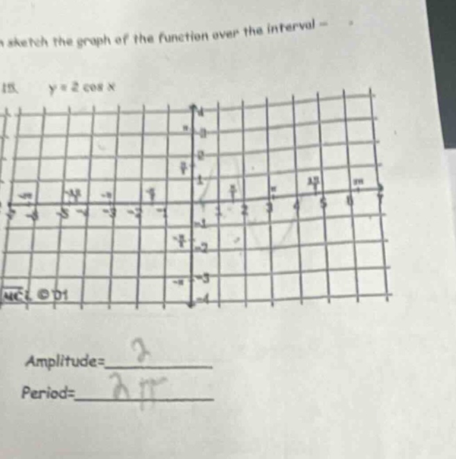 sketch the graph of the function over the interval 15. y = 2 cos x amplitude=____ period=____