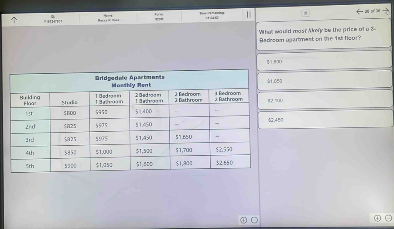 what would most likely be the price of a 3 - bedroom apartment on the 1st floor? $1,600 $1,850 $2,100 $2,450 bridgedale apartments monthly rent building floor studio 1 bedroom 1 bathroom 2 bedroom 1 bathroom 2 bedroom 2 bathroom 3 bedroom 2 bathroom 1st $800 $950 $1,400 -- -- 2nd $825 $975 $1,450 -- -- 3rd $825 $975 $1,450 $1,650 -- 4th $850 $1,000 $1,500 $1,700 $2,550 5th $900 $1,050 $1,600 $1,800 $2,650