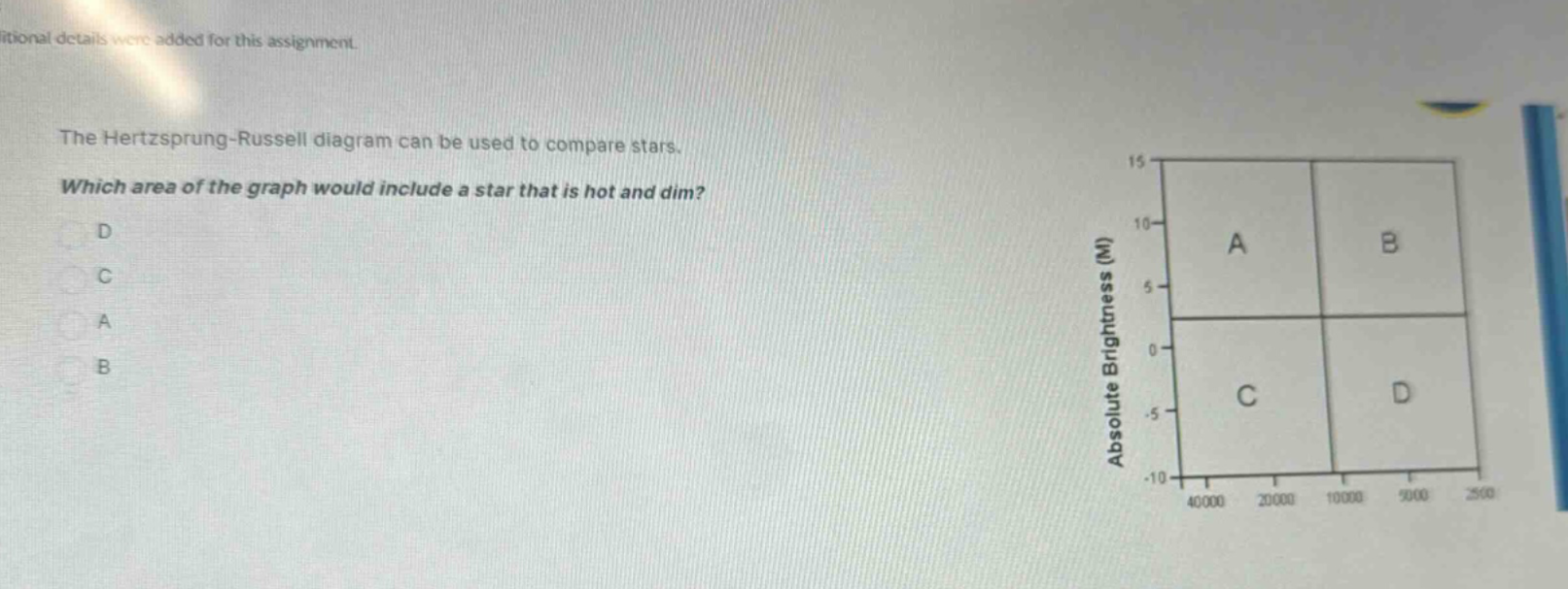 the hertzsprung - russell diagram can be used to compare stars. which area of the graph would include a star that is hot and dim? d c a b