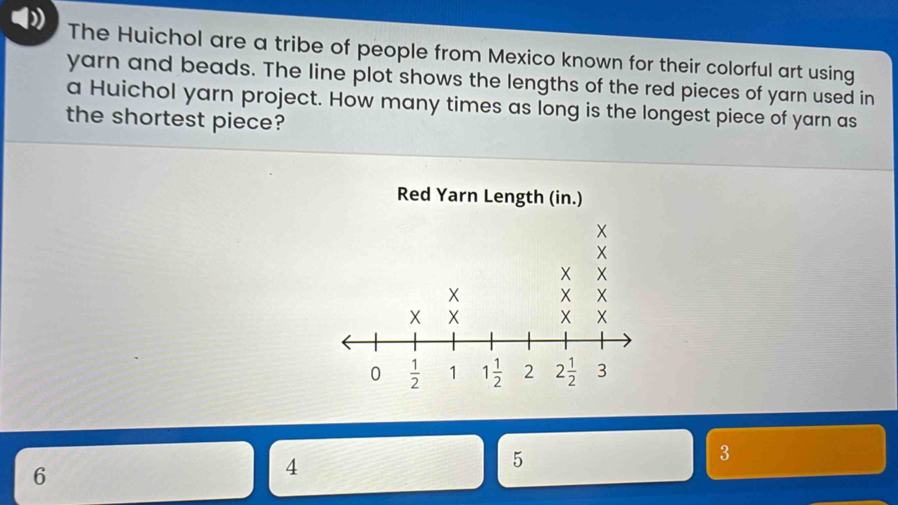 the huichol are a tribe of people from mexico known for their colorful art using yarn and beads. the line plot shows the lengths of the red pieces of yarn used in a huichol yarn project. how many times as long is the longest piece of yarn as the shortest piece? red yarn length (in.) 0 1/2 1 1 1/2 2 2 1/2 3