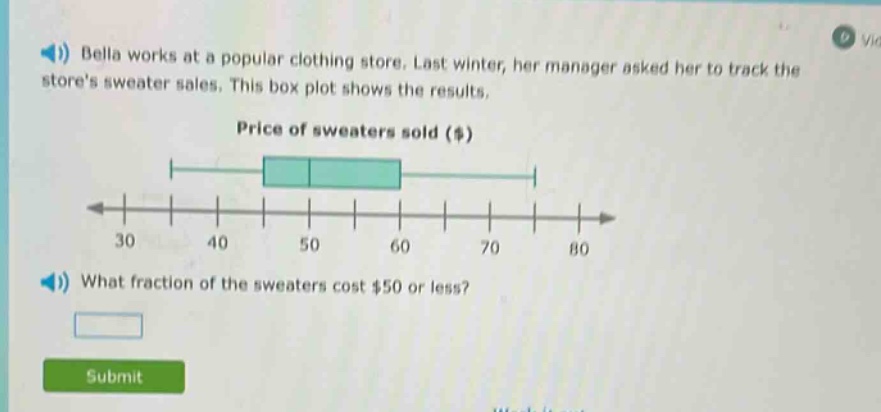 bella works at a popular clothing store. last winter, her manager asked her to track the stores sweater sales. this box plot shows the results. price of sweaters sold ($) what fraction of the sweaters cost $50 or less?