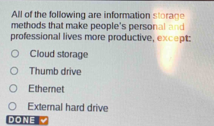 all of the following are information storage methods that make peoples personal and professional lives more productive, except: cloud storage thumb drive ethernet external hard drive