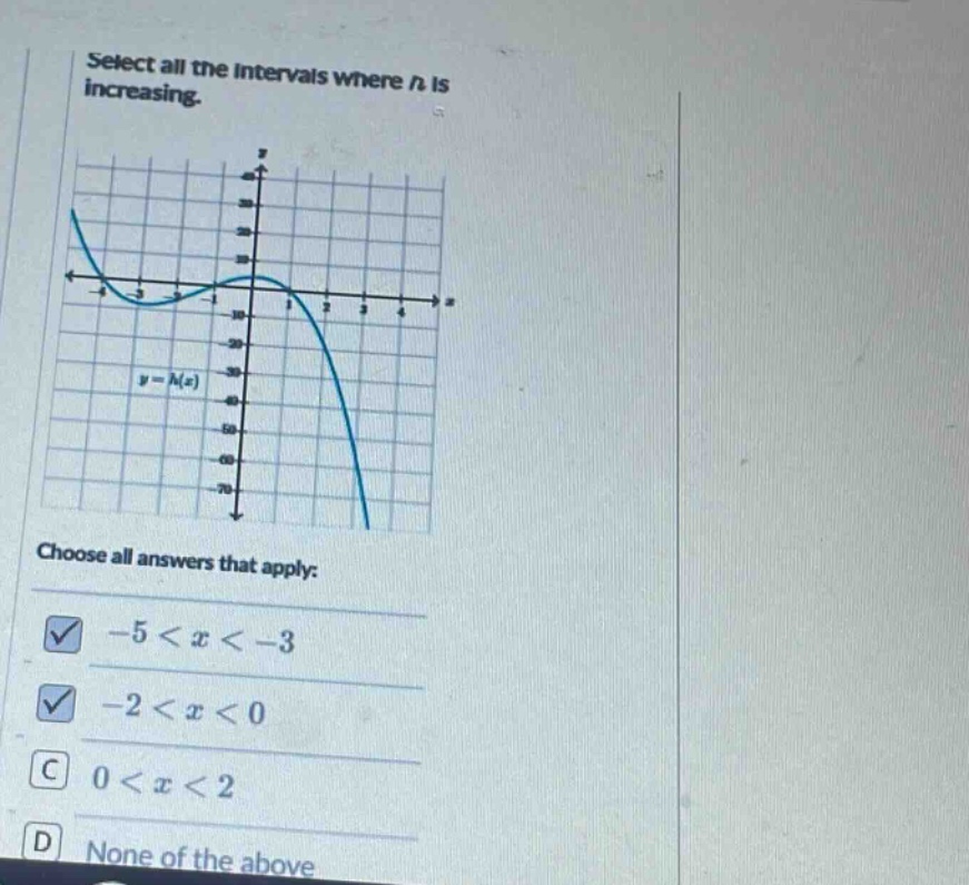 select all the intervals where h is increasing. choose all answers that apply: -5 < x < -3 -2 < x < 0 0 < x < 2 none of the above