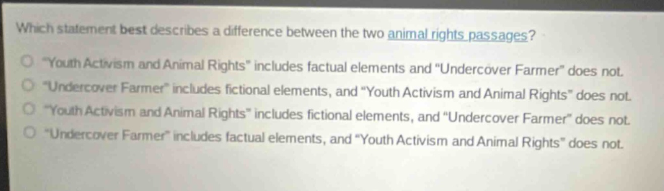 which statement best describes a difference between the two animal rights passages?\n“youth activism and animal rights” includes factual elements and “undercover farmer” does not.\n“undercover farmer” includes fictional elements, and “youth activism and animal rights” does not.\n“youth activism and animal rights” includes fictional elements, and “undercover farmer” does not.\n“undercover farmer” includes factual elements, and “youth activism and animal rights” does not.
