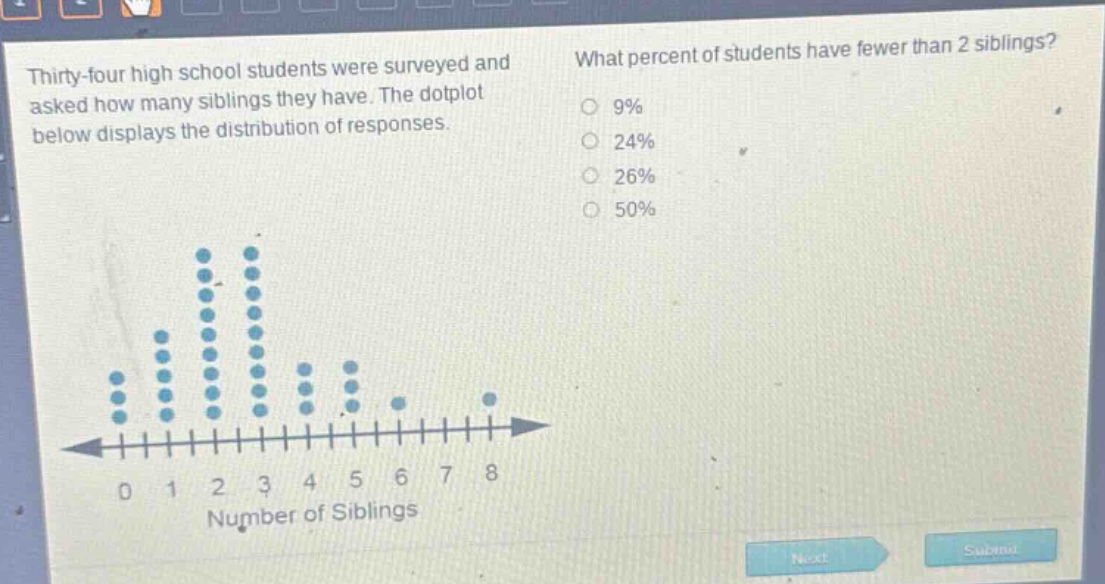 thirty - four high school students were surveyed and asked how many siblings they have. the dotplot below displays the distribution of responses. what percent of students have fewer than 2 siblings? 9% 24% 26% 50%