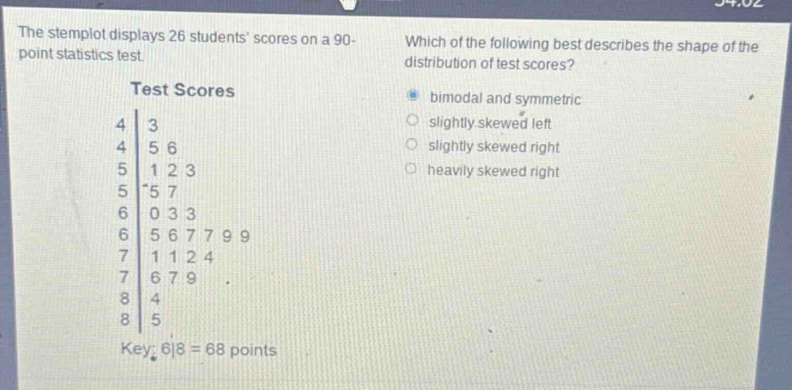 the stemplot displays 26 students scores on a 90 - point statistics test. which of the following best describes the shape of the distribution of test scores? test scores 4|3 4|5 6 5|1 2 3 5|5 7 6|0 3 3 6|5 6 7 7 9 9 7|1 1 2 4 7|6 7 9 8|4 8|5 key: 6|8 = 68 points