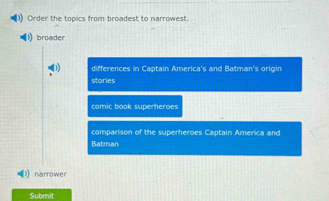 order the topics from broadest to narrowest. broader differences in captain americas and batmans origin stories comic book superheroes comparison of the superheroes captain america and batman narrower