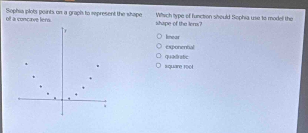 sophia plots points on a graph to represent the shape of a concave lens. which type of function should sophia use to model the shape of the lens? linear exponential quadratic square root