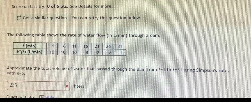 score on last try: 0 of 5 pts. see details for more. get a similar question you can retry this question below the following table shows the rate of water flow (in l/min) through a dam. t (min) 1 6 11 16 21 26 31 v(t) (l/min) 10 10 10 8 2 9 1 approximate the total volume of water that passed through the dam from t=1 to t=31 using simpsons rule, with n=6. 235 x liters question help: video