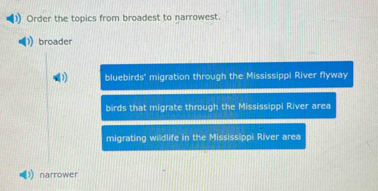 order the topics from broadest to narrowest. broader bluebirds migration through the mississippi river flyway birds that migrate through the mississippi river area migrating wildlife in the mississippi river area narrower