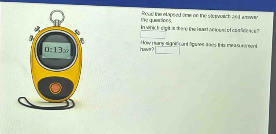 read the elapsed time on the stopwatch and answer the questions. in which digit is there the least amount of confidence? how many significant figures does this measurement have?