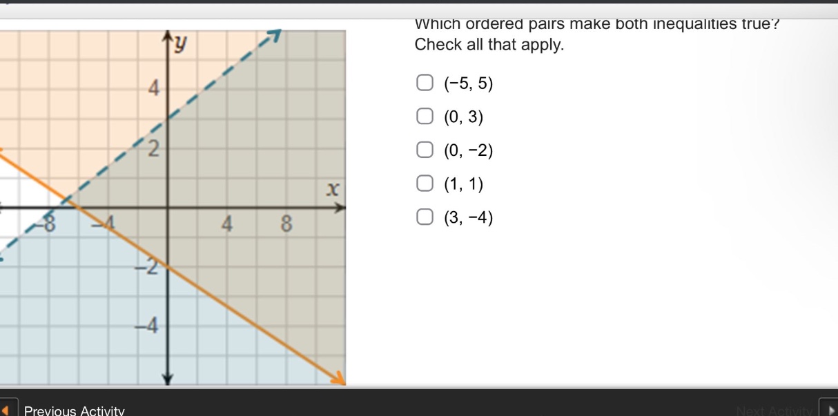 which ordered pairs make both inequalities true? check all that apply. (-5, 5) (0, 3) (0, -2) (1, 1) (3, -4)