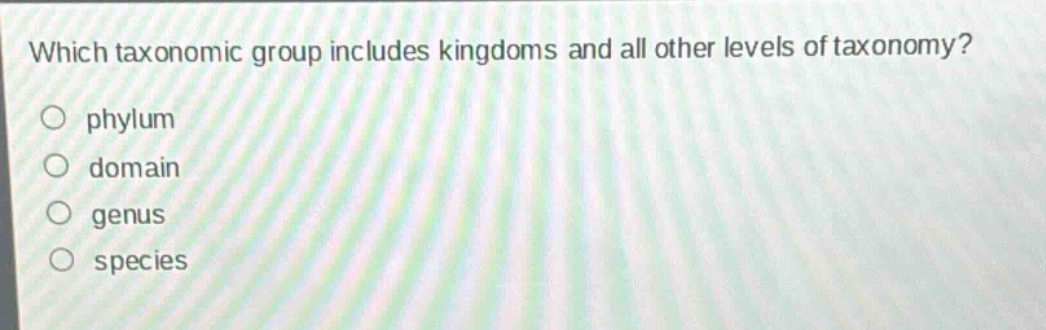 which taxonomic group includes kingdoms and all other levels of taxonomy?\nphylum\ndomain\n genus\nspecies