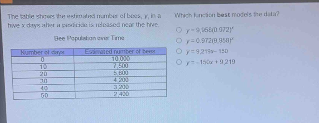 the table shows the estimated number of bees, y, in a hive x days after a pesticide is released near the hive. which function best models the data? bee population over time number of days estimated number of bees 0 10,000 10 7,500 20 5,600 30 4,200 40 3,200 50 2,400 y = 9,958(0.972)^x y = 0.972(9,958)^x y = 9,219x - 150 y = -150x + 9,219