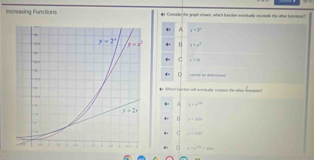 increasing functions consider the graph shown, which function eventually exceeds the other functions? a y = 2^x b y = x^2 c y = 2x d cannot be determined which function will eventually surpass the other functions? a y = x^100 b y = 100x c y = 100^x d y = x^100 + 100x