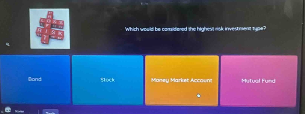 which would be considered the highest risk investment type? bond stock money market account mutual fund