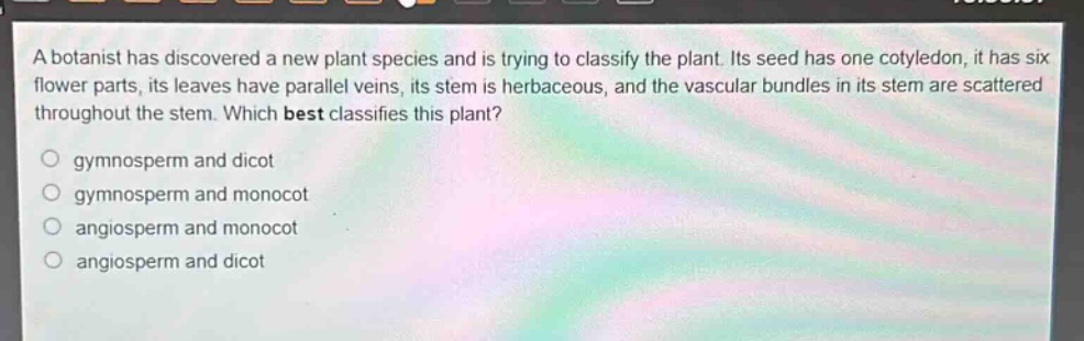 a botanist has discovered a new plant species and is trying to classify the plant. its seed has one cotyledon, it has six flower parts, its leaves have parallel veins, its stem is herbaceous, and the vascular bundles in its stem are scattered throughout the stem. which best classifies this plant?\no gymnosperm and dicot\no gymnosperm and monocot\no angiosperm and monocot\no angiosperm and dicot