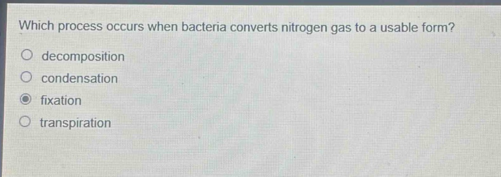 which process occurs when bacteria converts nitrogen gas to a usable form?\ndecomposition\ncondensation\nfixation\ntranspiration
