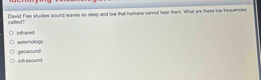 david fee studies sound waves so deep and low that humans cannot hear them. what are these low frequencies called?\no infrared\no seismology\no geosound\no infrasound