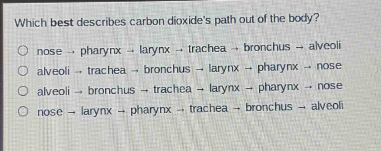which best describes carbon dioxides path out of the body?\no nose → pharynx → larynx → trachea → bronchus → alveoli\no alveoli → trachea → bronchus → larynx → pharynx → nose\no alveoli → bronchus → trachea → larynx → pharynx → nose\no nose → larynx → pharynx → trachea → bronchus → alveoli