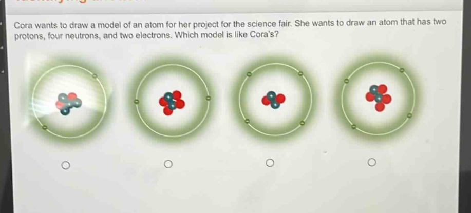 cora wants to draw a model of an atom for her project for the science fair. she wants to draw an atom that has two protons, four neutrons, and two electrons. which model is like coras?