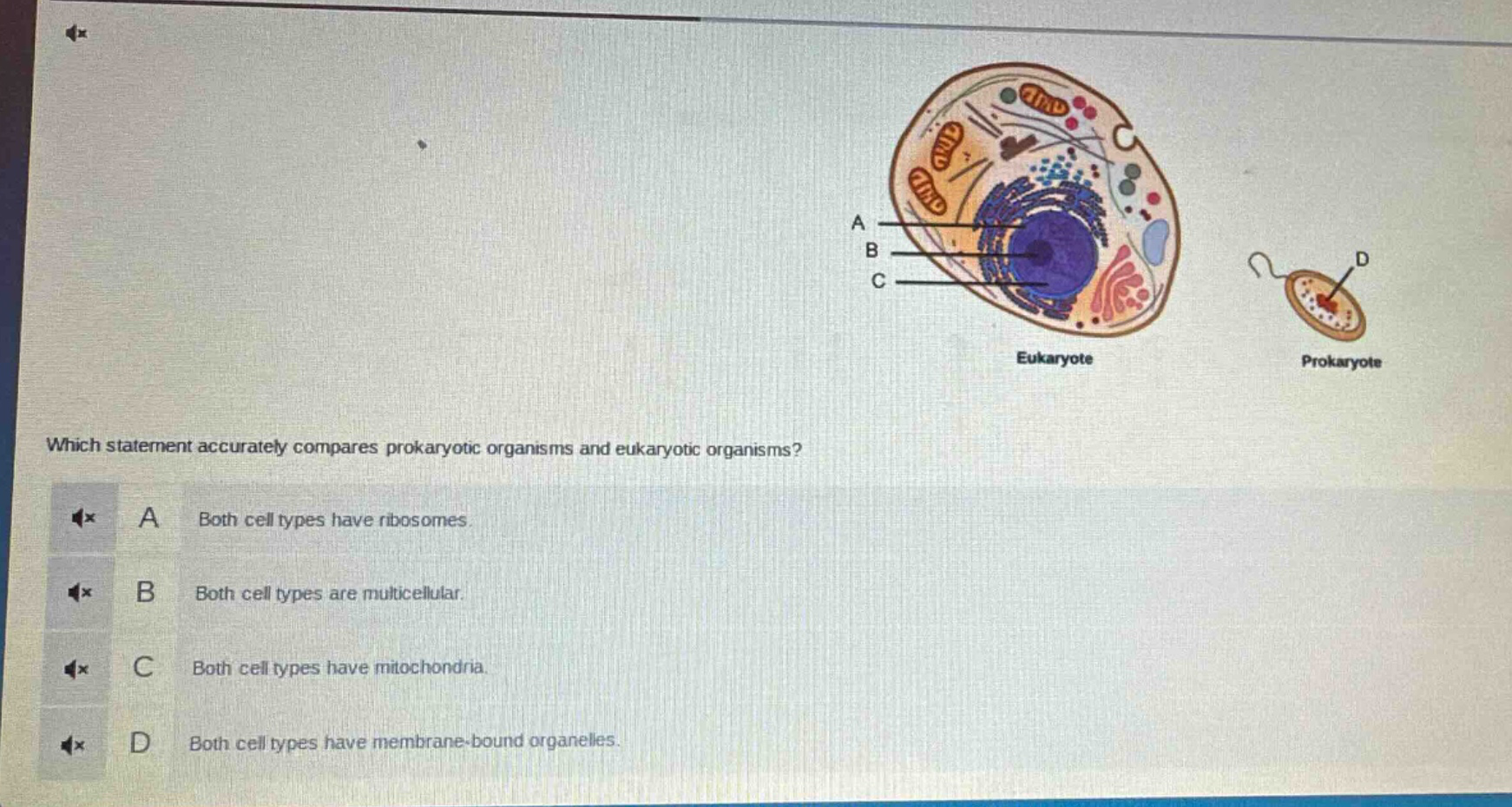 which statement accurately compares prokaryotic organisms and eukaryotic organisms? a both cell types have ribosomes. b both cell types are multicellular. c both cell types have mitochondria. d both cell types have membrane - bound organelles.