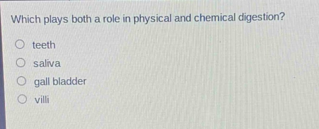 which plays both a role in physical and chemical digestion?\nteeth\nsaliva\ngall bladder\nvilli