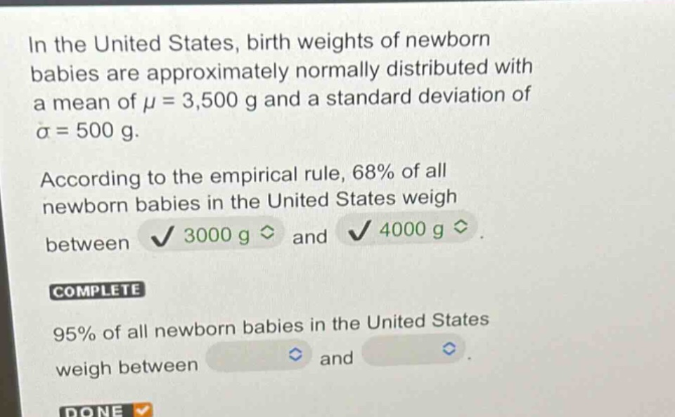 in the united states, birth weights of newborn babies are approximately normally distributed with a mean of μ = 3,500 g and a standard deviation of σ = 500 g. according to the empirical rule, 68% of all newborn babies in the united states weigh between 3000 g and 4000 g. complete 95% of all newborn babies in the united states weigh between and done