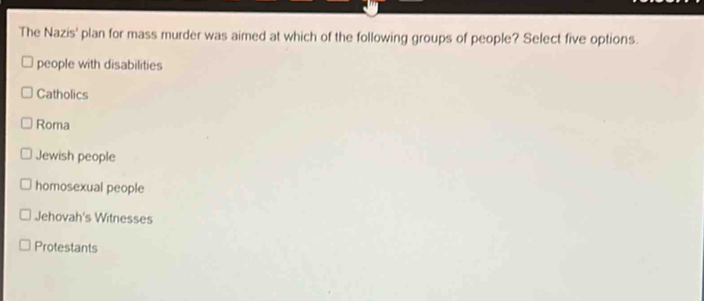 the nazis plan for mass murder was aimed at which of the following groups of people? select five options. people with disabilities catholics roma jewish people homosexual people jehovahs witnesses protestants
