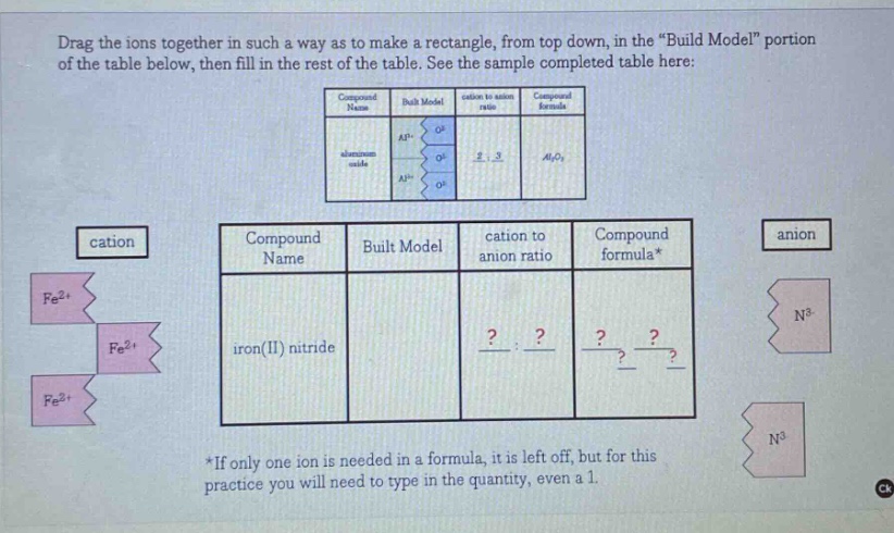 drag the ions together in such a way as to make a rectangle, from top down, in the \build model\ portion of the table below, then fill in the rest of the table. see the sample completed table here: *if only one ion is needed in a formula, it is left off, but for this practice you will need to type in the quantity, even a 1.