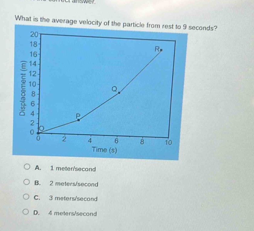 what is the average velocity of the particle from rest to 9 seconds? a. 1 meter/second b. 2 meters/second c. 3 meters/second d. 4 meters/second