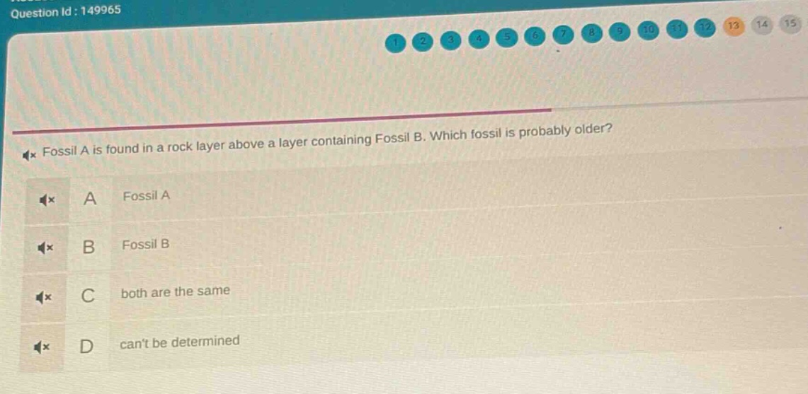 fossil a is found in a rock layer above a layer containing fossil b. which fossil is probably older? a fossil a b fossil b c both are the same d cant be determined