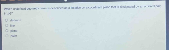 which undefined geometric term is described as a location on a coordinate plane that is designated by an ordered pair, (x, y)?\ndistance\nline\nplane\npoint