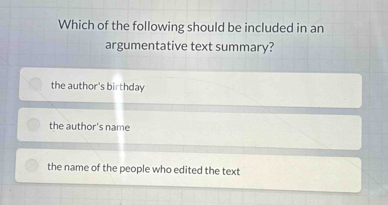which of the following should be included in an argumentative text summary? the authors birthday the authors name the name of the people who edited the text