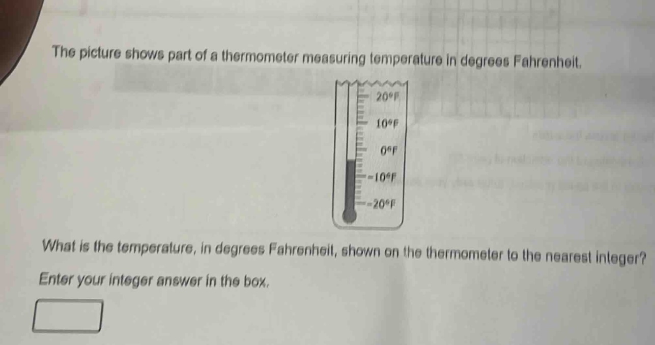the picture shows part of a thermometer measuring temperature in degrees fahrenheit. what is the temperature, in degrees fahrenheit, shown on the thermometer to the nearest integer? enter your integer answer in the box.