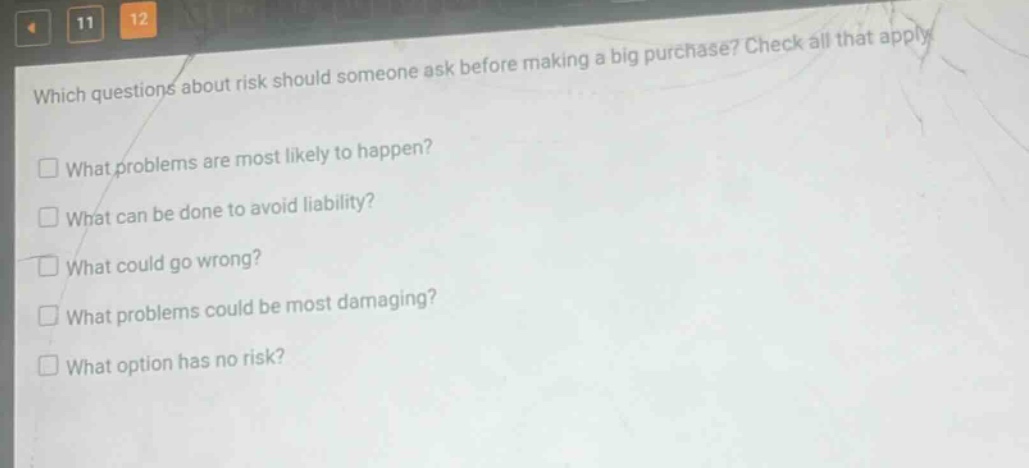 which questions about risk should someone ask before making a big purchase? check all that apply. what problems are most likely to happen? what can be done to avoid liability? what could go wrong? what problems could be most damaging? what option has no risk?