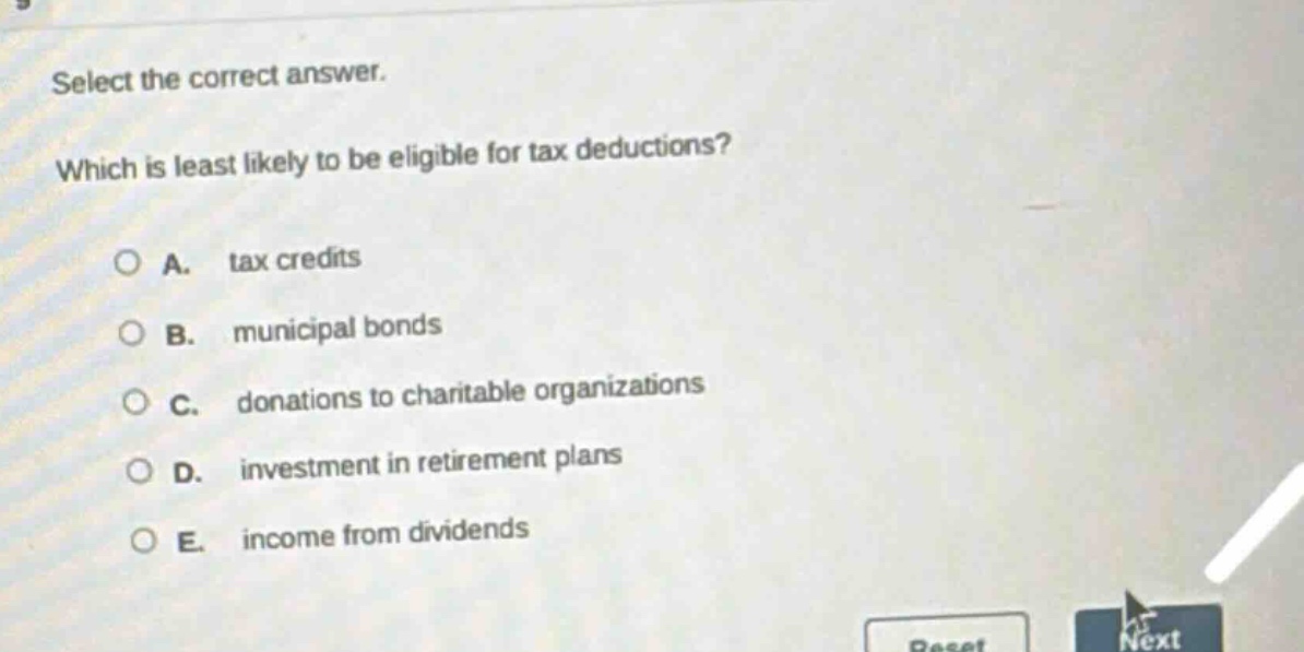 select the correct answer. which is least likely to be eligible for tax deductions? a. tax credits b. municipal bonds c. donations to charitable organizations d. investment in retirement plans e. income from dividends