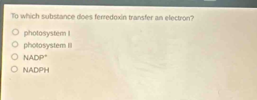 to which substance does ferredoxin transfer an electron?\no photosystem i\no photosystem ii\no nadp+\no nadph