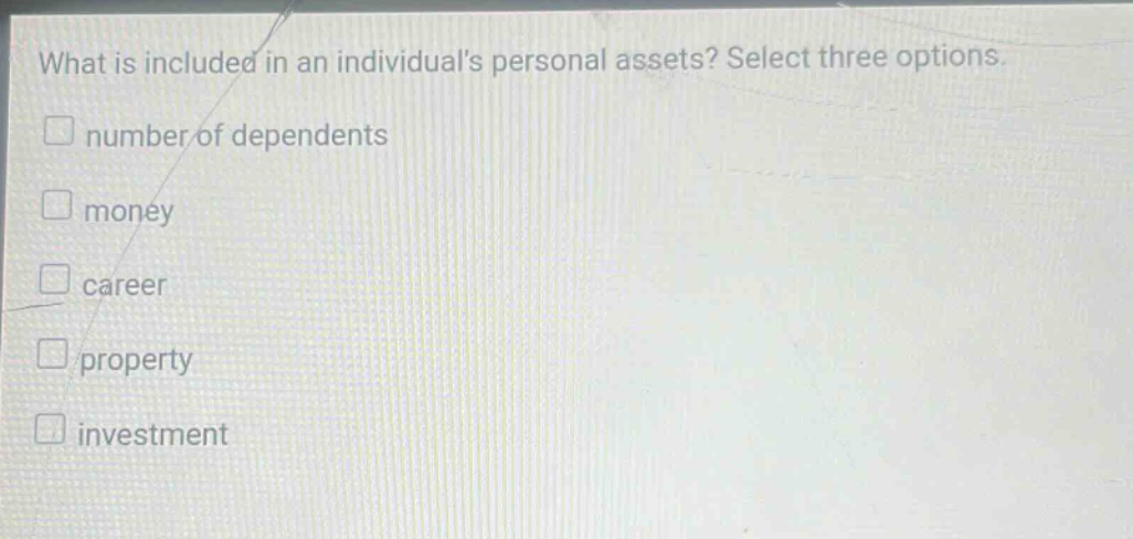 what is included in an individuals personal assets? select three options. number of dependents money career property investment