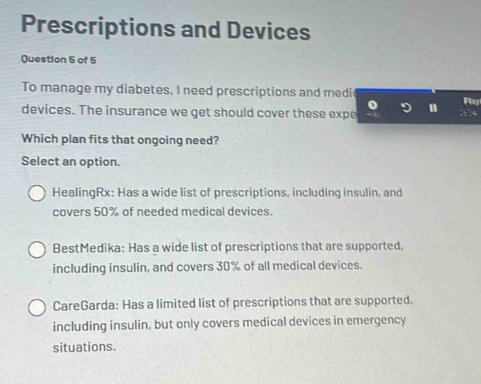 prescriptions and devices\nquestion 5 of 5\nto manage my diabetes, i need prescriptions and medical devices. the insurance we get should cover these expenses.\nwhich plan fits that ongoing need?\nselect an option.\nhealingrx: has a wide list of prescriptions, including insulin, and covers 50% of needed medical devices.\nbestmedika: has a wide list of prescriptions that are supported, including insulin, and covers 30% of all medical devices.\ncaregarda: has a limited list of prescriptions that are supported, including insulin, but only covers medical devices in emergency situations.