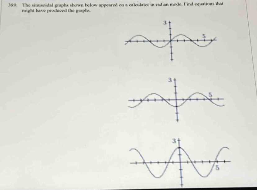 389. the sinusoidal graphs shown below appeared on a calculator in radian mode. find equations that might have produced the graphs.