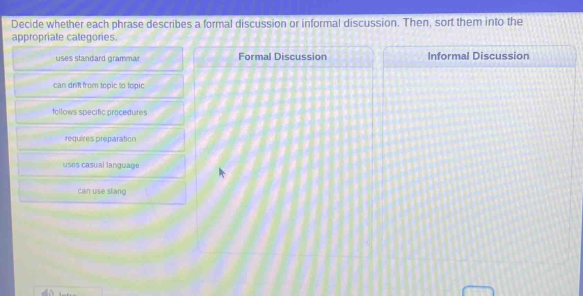 decide whether each phrase describes a formal discussion or informal discussion. then, sort them into the appropriate categories. uses standard grammar can drift from topic to topic follows specific procedures requires preparation uses casual language can use slang