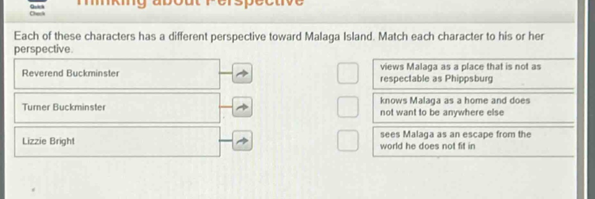 each of these characters has a different perspective toward malaga island. match each character to his or her perspective. reverend buckminster turner buckminster lizzie bright views malaga as a place that is not as respectable as phippsburg knows malaga as a home and does not want to be anywhere else sees malaga as an escape from the world he does not fit in