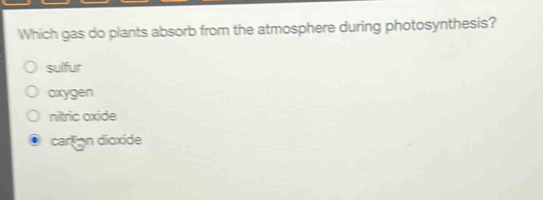 which gas do plants absorb from the atmosphere during photosynthesis?\no sulfur\no oxygen\no nitric oxide\no carbon dioxide